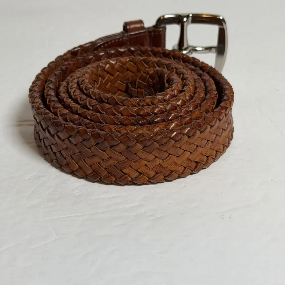 Coach 64459 Brown Braided Woven Leather Belt Size 34 Silver Tone Buckle 48